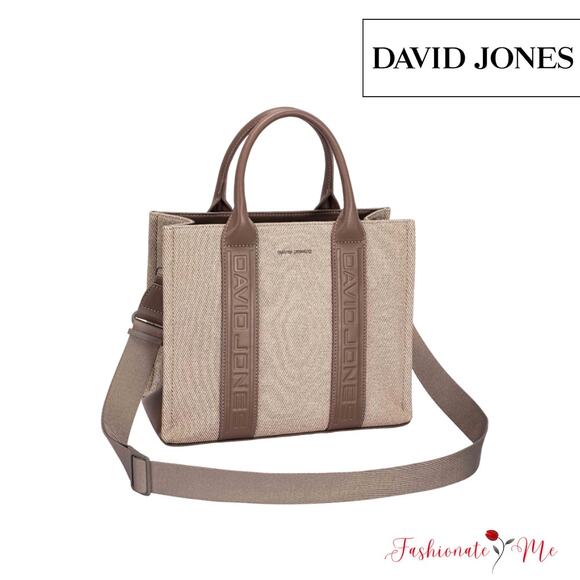 David Jones Contrast Leather Handles Zipper Closure Canvas Tote Handbag | Cocoa - Picture 1 of 5